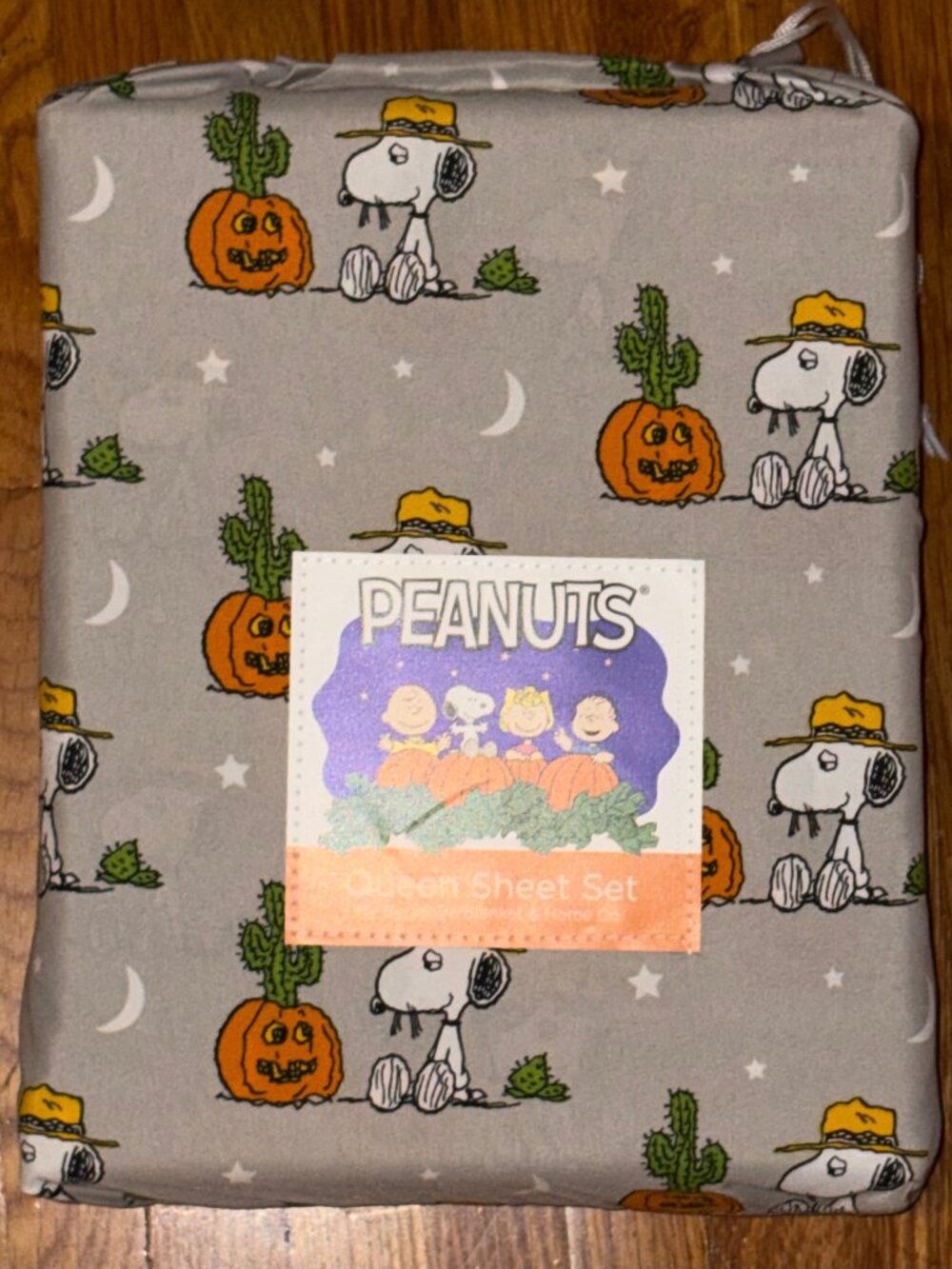 Peanuts Snoopy Halloween Gray QUEEN Size Sheet Sets - Spike Pumpkin & Cactus